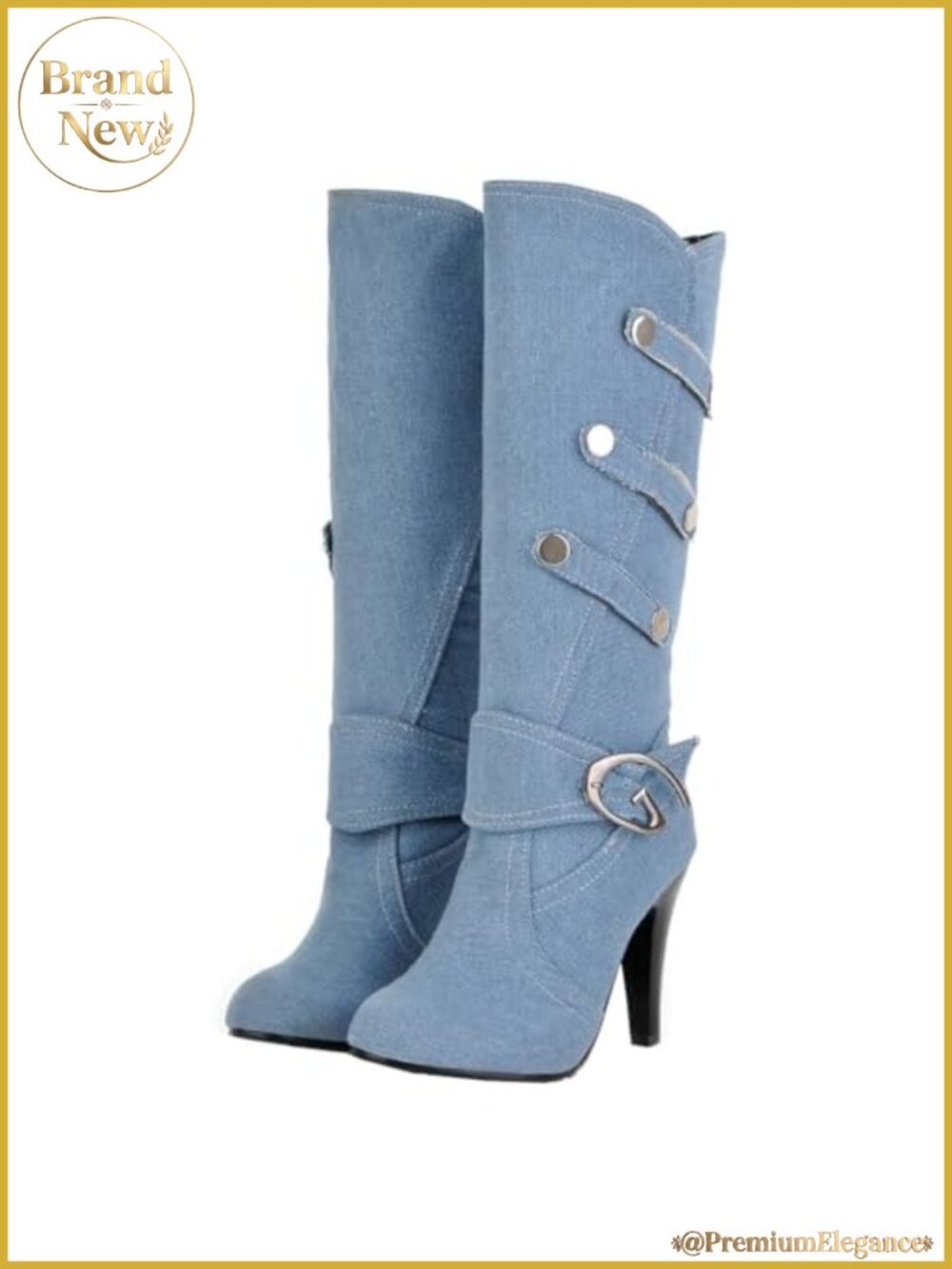 Denim Knee High Boots Stiletto Heel Round Toe Slip On